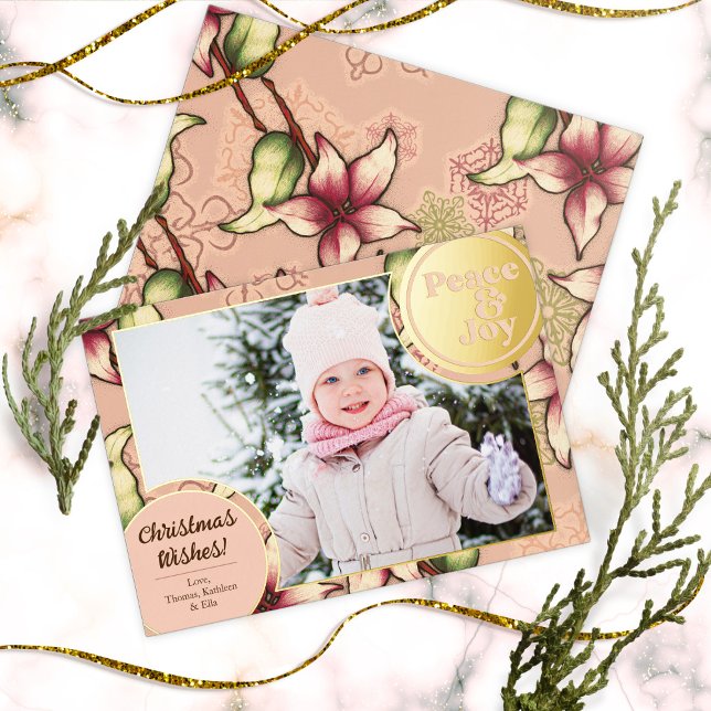 Peace & Joy, Pink, Gold Poinsettia Photo Foil Holiday Card (Peace & Joy, Pink, Gold Poinsettia Photo Foil Holiday Card)