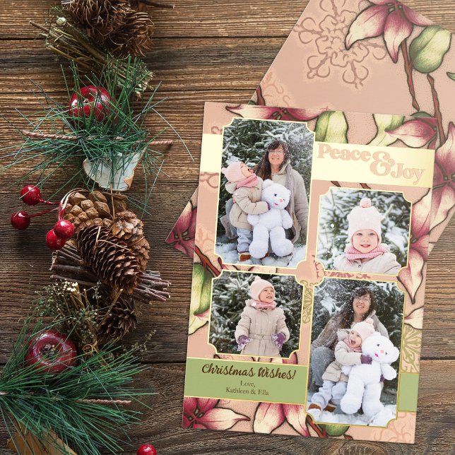 Peace & Joy, Pink, Green, Gold Poinsettia Photo Foil Holiday Card (Peace & Joy, Pink, Green, Gold Poinsettia Photo Foil Holiday Card)