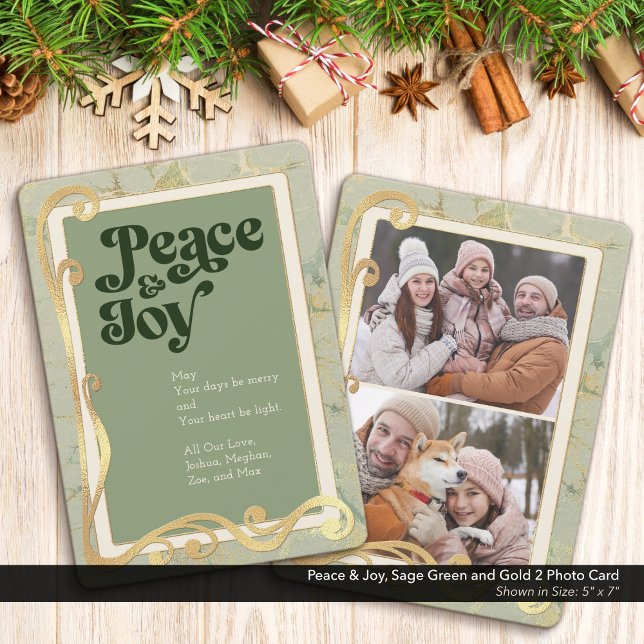 Peace & Joy Sage Green and Gold 2 Photo Card (Peace & Joy, Sage Green and Gold Holiday Two (2) Photo Greeting Card)
