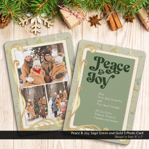 Peace & Joy Sage Green and Gold 3 Photo Card
