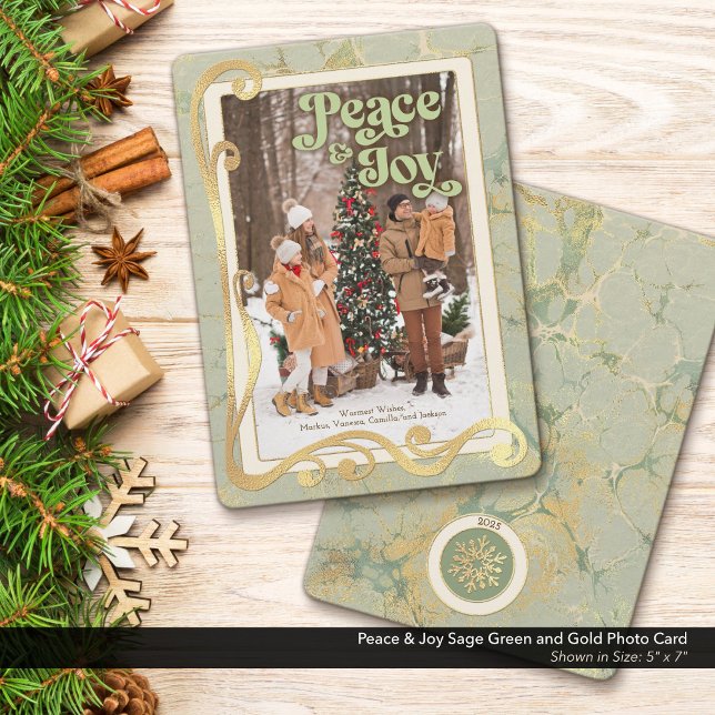 Peace & Joy Sage Green and Gold Photo Card (Peace & Joy, Sage Green and Gold Holiday Photo Greeting Card)