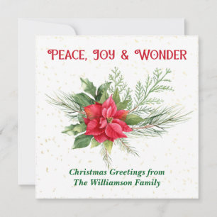 Peace Joy & Wonder Red Poinsettia Christmas Holiday Card
