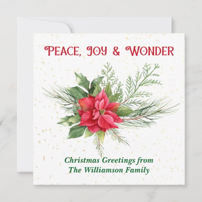 Peace Joy & Wonder Red Poinsettia Christmas Holiday Card (Front)