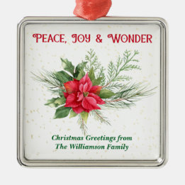 Peace Joy & Wonder Red Poinsettia Christmas Metal Ornament