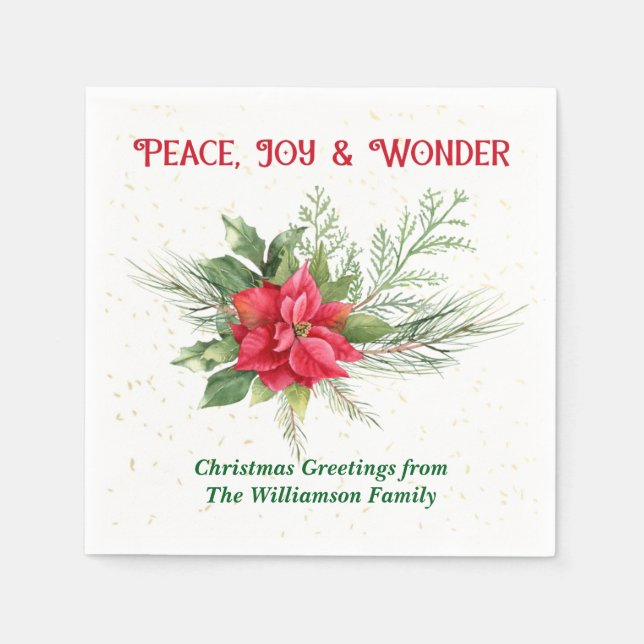 Peace Joy & Wonder Red Poinsettia Christmas Napkin (Front)
