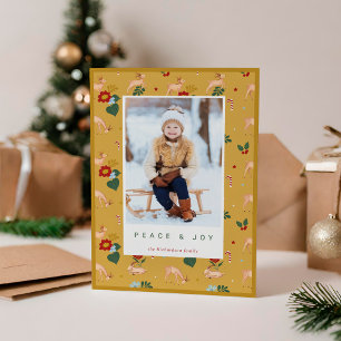 Peace & Joy Yellow Reindeer Floral Pattern Photo Holiday Card