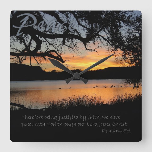 Peace Lake Sunset Romans 5:1 Wall Clock (Front)