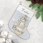 Peace - Light Blue Cute Cartoon Steampunk Snowman Large Christmas Stocking<br><div class="desc">Technology meets nature as mechanical steampunk snowman holds an innocent white dove in its hand. This original cute cartoon makes unique Christmas stockings with personalised text for kids.</div>