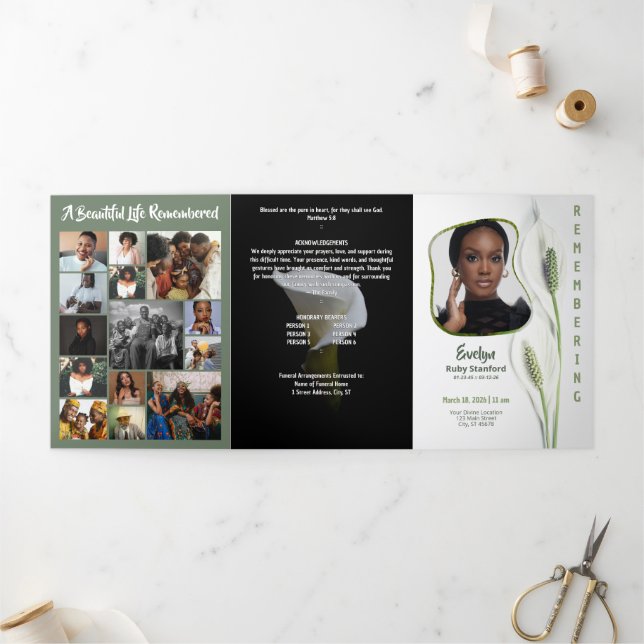 Peace Lily Modern Frame 35‑Photo Funeral Tri-Fold Programme (Outside)