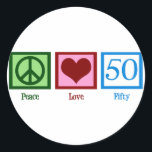 Peace Love 50th Birthday Cute Party Classic Round Sticker<br><div class="desc">Cute fiftieth birthday gift.</div>