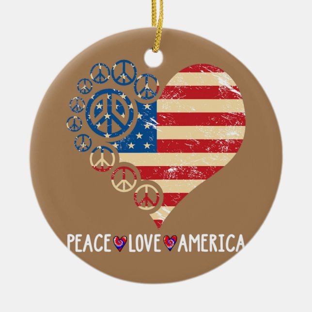 Peace Love America Heart Patriotic Usa Flag 4th Ceramic Ornament (Front)