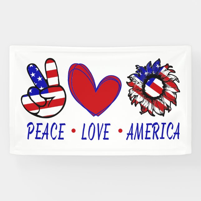 Peace Love America Patriotic Flag Heart Sunflower Banner (Horizontal)