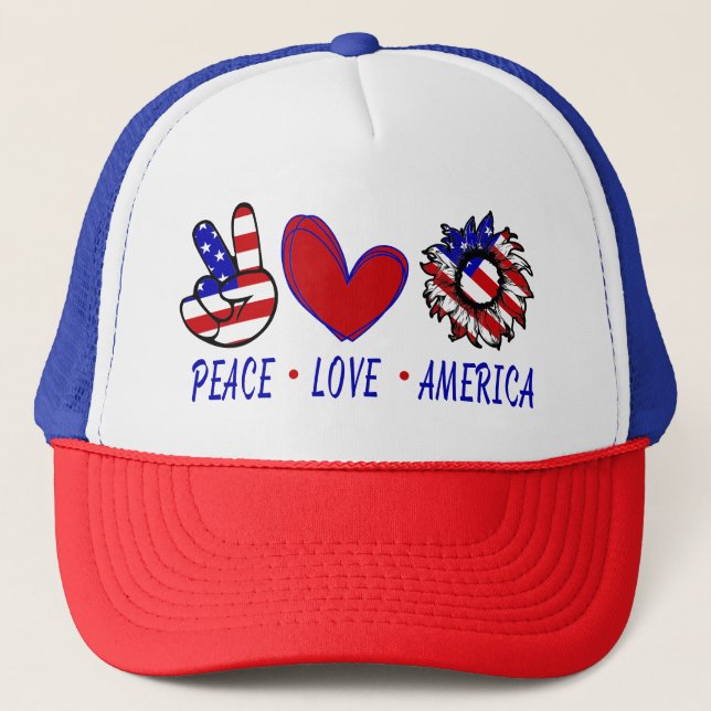 Peace Love America Patriotic Flag Heart Sunflower Trucker Hat (Front)
