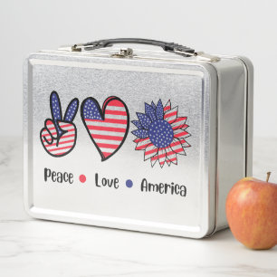 Peace Love America Patriotic Metal Lunch Box