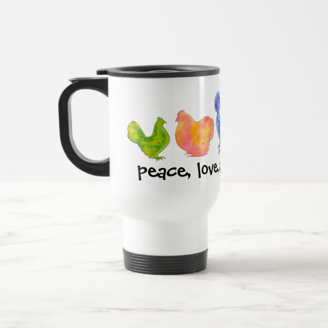 peace, love and chickens watercolor mug (Left)