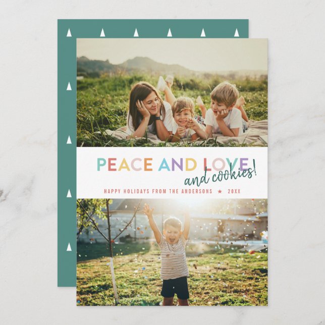 Peace Love and Cookies Fun 2 Photo Rainbow Holiday Card (Front/Back)