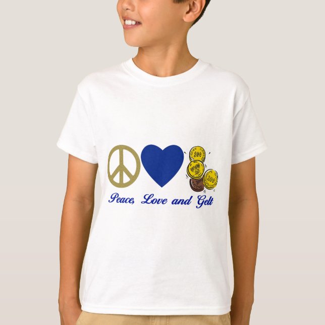 Peace, Love and Gelt Hanukkah Tees and Gifts (Front)