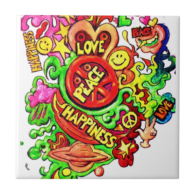 Peace, Love and Happiness Ceramic Tile (Front)