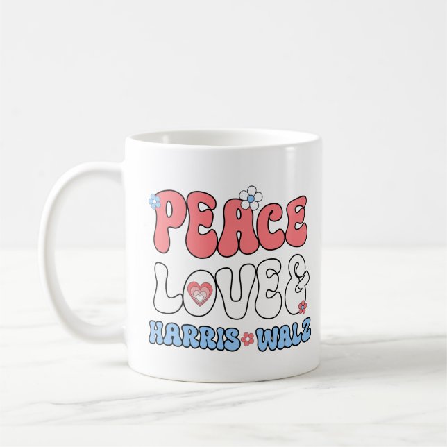 Peace Love and Harris Walz Retro Hippie Style Coffee Mug (Left)