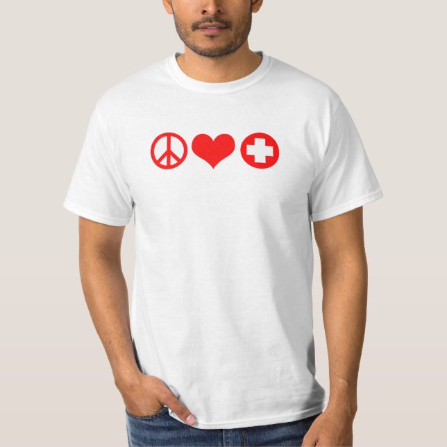 Peace Love and Health Care red T-Shirt (Front)
