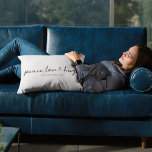 Peace Love and Hugs | Minimal Christmas Dove Grey Lumbar Cushion<br><div class="desc">Simple, stylish, minimalist holiday pillow with modern informal casual handwritten script typography quote "Peace Love & Hugs" in black with a soft dove grey background. The name and year can be easily customised for a personal touch. A elegant, minimalist and contemporary christmas design to stand out from the crowd this...</div>