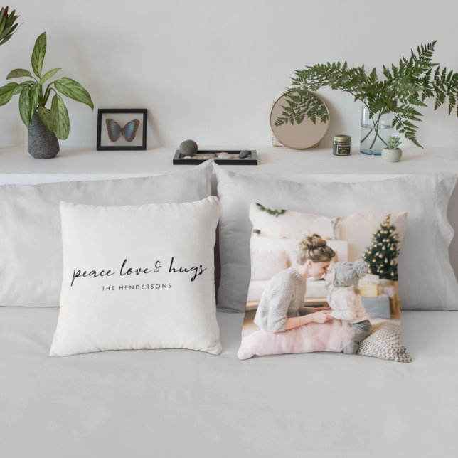 Peace Love and Hugs | Minimal Christmas Photo Cushion (Creator Uploaded)