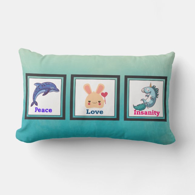 Peace Love and Insanity with Cute Kawaii Animals Lumbar Cushion (Front)