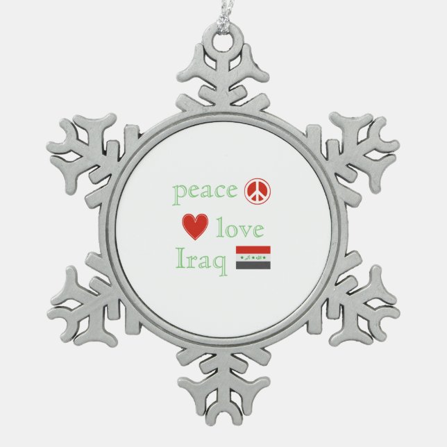 Peace Love and Iraq Snowflake Pewter Christmas Ornament (Front)