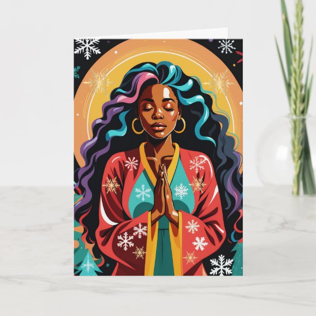 Peace, Love and Joy Christmas Black Woman Praying Card (Front)