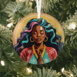 Peace, Love and Joy Christmas Black Woman Praying Glass Tree Decoration