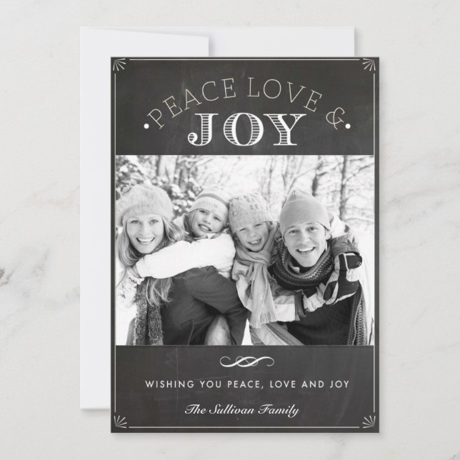 Peace Love and Joy Faux Chalkboard Christmas Photo Holiday Card (Front)