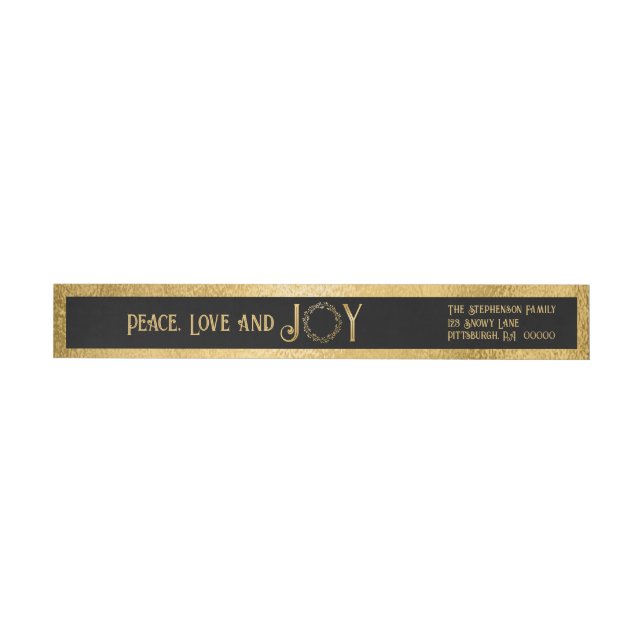 Peace Love and Joy Faux Gold Wreath -  Black Wrap Around Label (Individual)