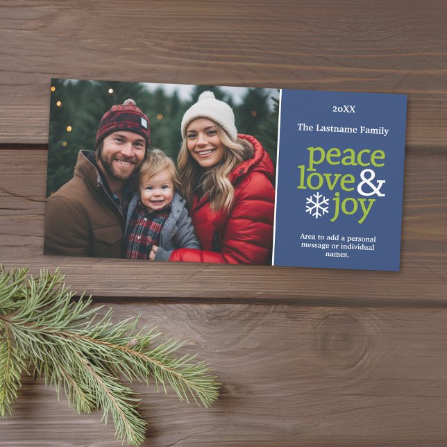 Peace Love and Joy - horizontal photo blue green Holiday Card (Add 1 photo to this classic photo card that can be printed or sent out to friends and family.)