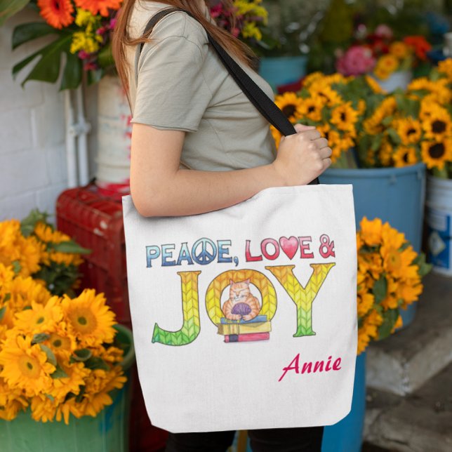 Peace, Love and Joy Personalised Book or Yarn Tote Bag (Creator Uploaded)