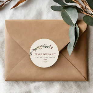 Peace Love and Joy Red Berries Greenery Classic Round Sticker