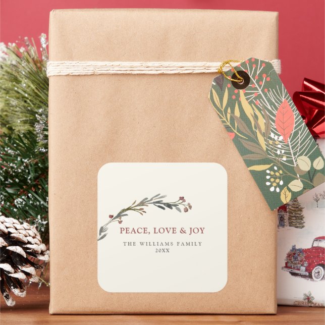 Peace Love and Joy Red Berries Greenery Holiday Square Sticker (Holiday)