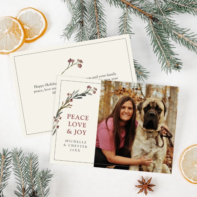 Peace Love and Joy Red Greenery Pet Photo Holiday Card (Creator Uploaded)
