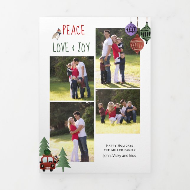 Peace love and joy, trees and ornaments green Tri-Fold holiday card (Cover)