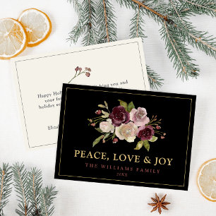 Peace Love and Joy Winter Bouquet Black Holiday Card