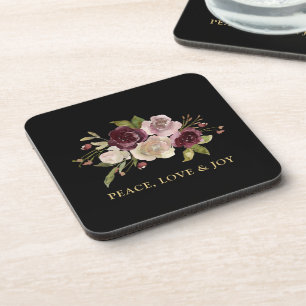 Peace Love and Joy Winter Bouquet Black Holiday Coaster