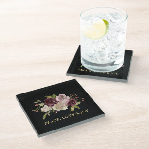 Peace Love and Joy Winter Bouquet Black Holiday Glass Coaster
