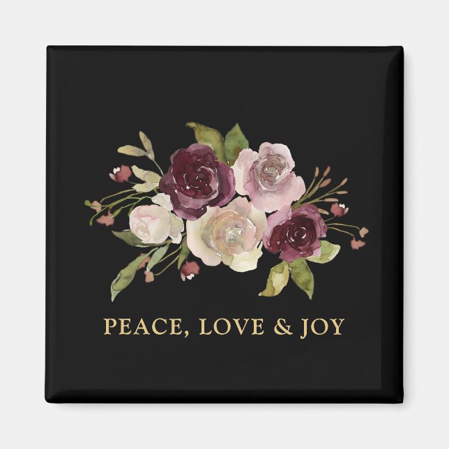 Peace Love and Joy Winter Bouquet Black Holiday Magnet (Front)
