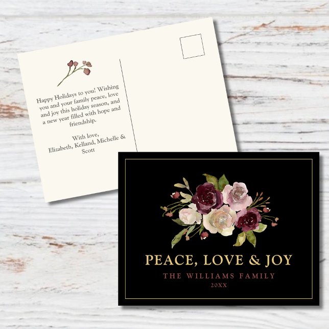 Peace Love and Joy Winter Bouquet Black Holiday Postcard (Creator Uploaded)