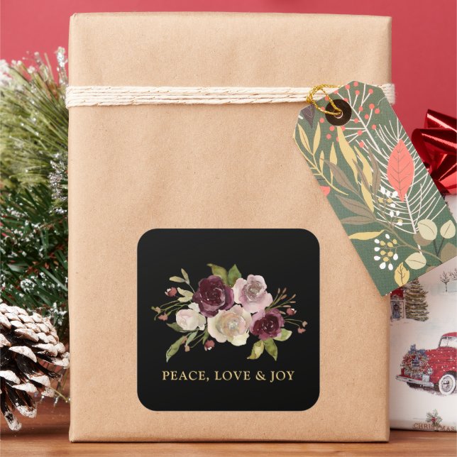 Peace Love and Joy Winter Bouquet Black Holiday Square Sticker (Holiday)