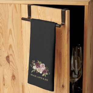 Peace Love and Joy Winter Bouquet Black Holiday Tea Towel