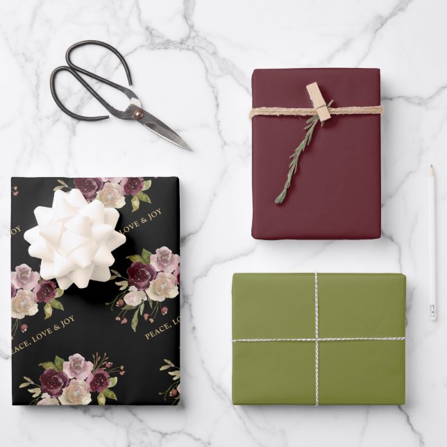 Peace Love and Joy Winter Bouquet Black Holiday Wrapping Paper Sheet (Front)