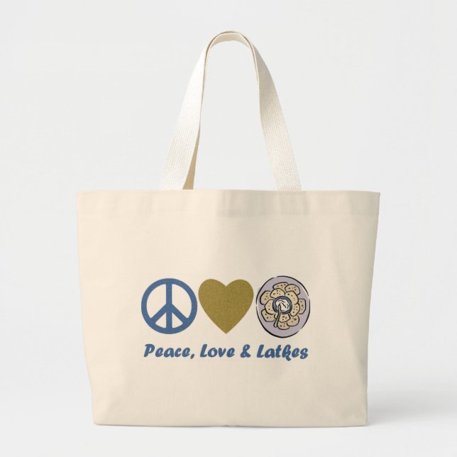 Peace, Love and Latkes Hanukkah Tees and Gifts Large Tote Bag (Front)