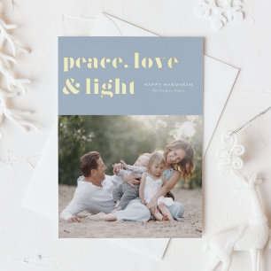 Peace Love and Light Light Blue Hanukkah Photo Foil Holiday Card