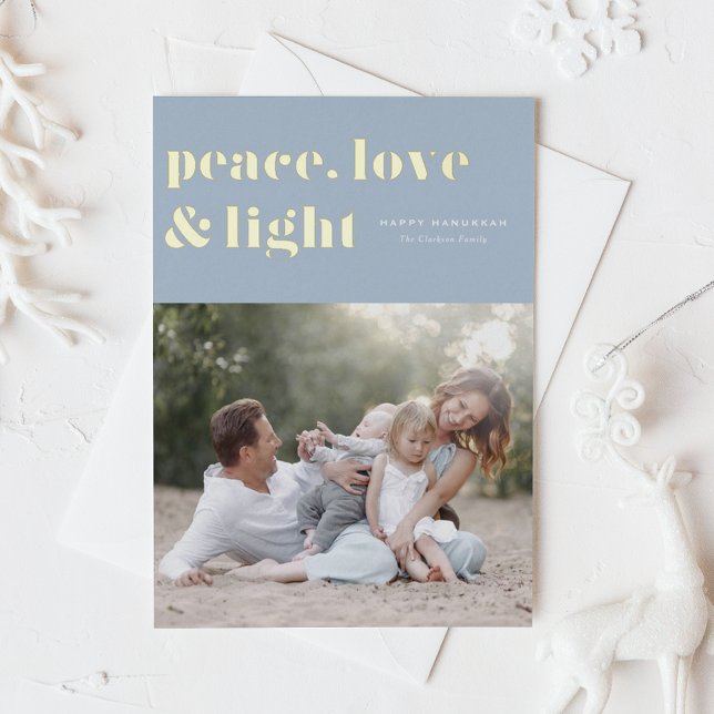 Peace Love and Light Light Blue Hanukkah Photo Foil Holiday Card (Creator Uploaded)