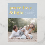 Peace Love and Light Light Blue Hanukkah Photo Foil Holiday Postcard<br><div class="desc">Peace,  love,  and light. | Send your Hanukkah greetings to family and friends with this customisable Hanukkah postcard. It features retro bold typography. Personalise this photo Hanukkah postcard by adding your details. This gold foil Hanukkah postcard is available in other colours and cardstock. Matching items are also available.</div>